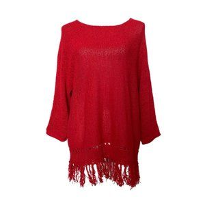 Chicos Easy wear Womens Red Knit Crew Neck Long Sleeve Fringe Trim Sweater 3(XL)